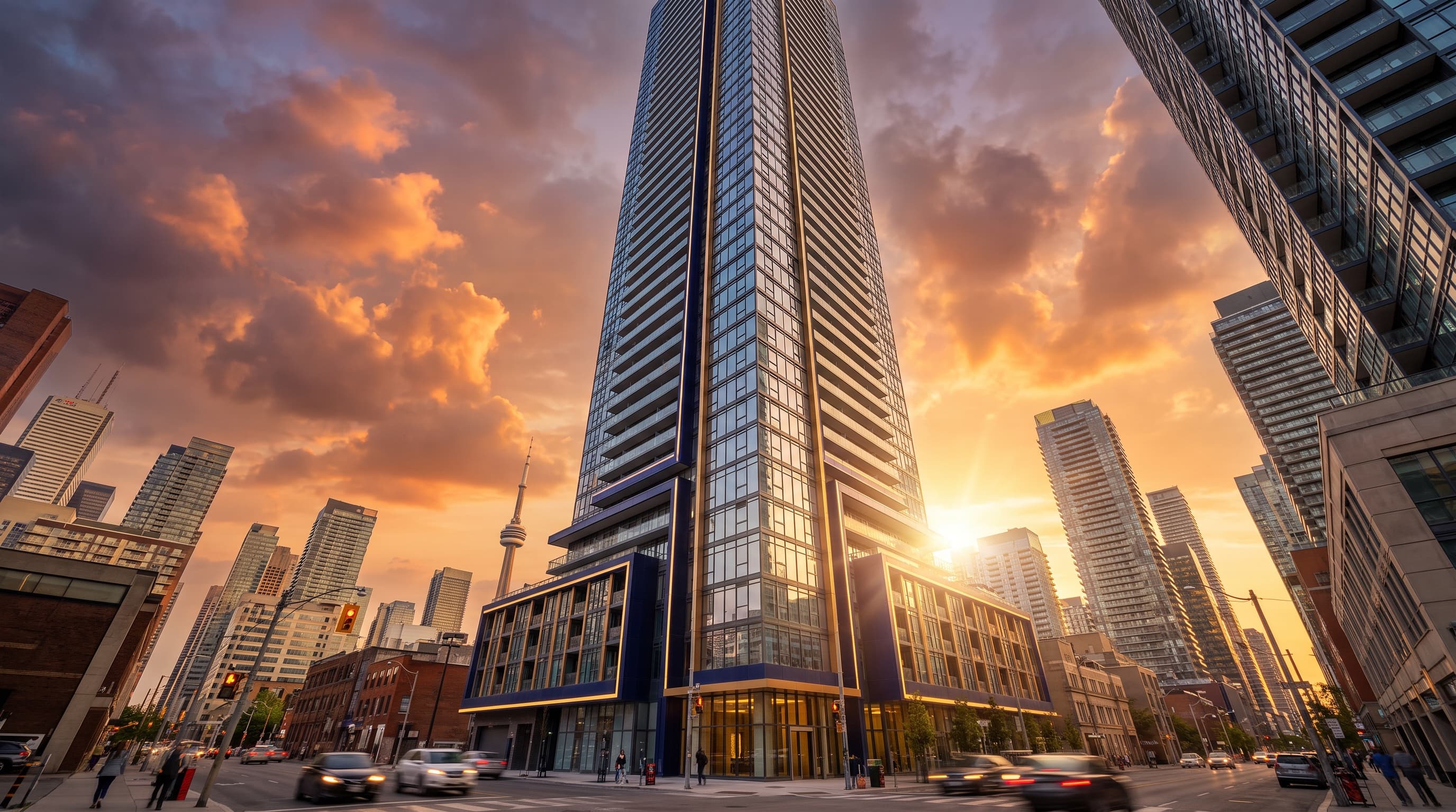 Modern condo tower at golden hour
