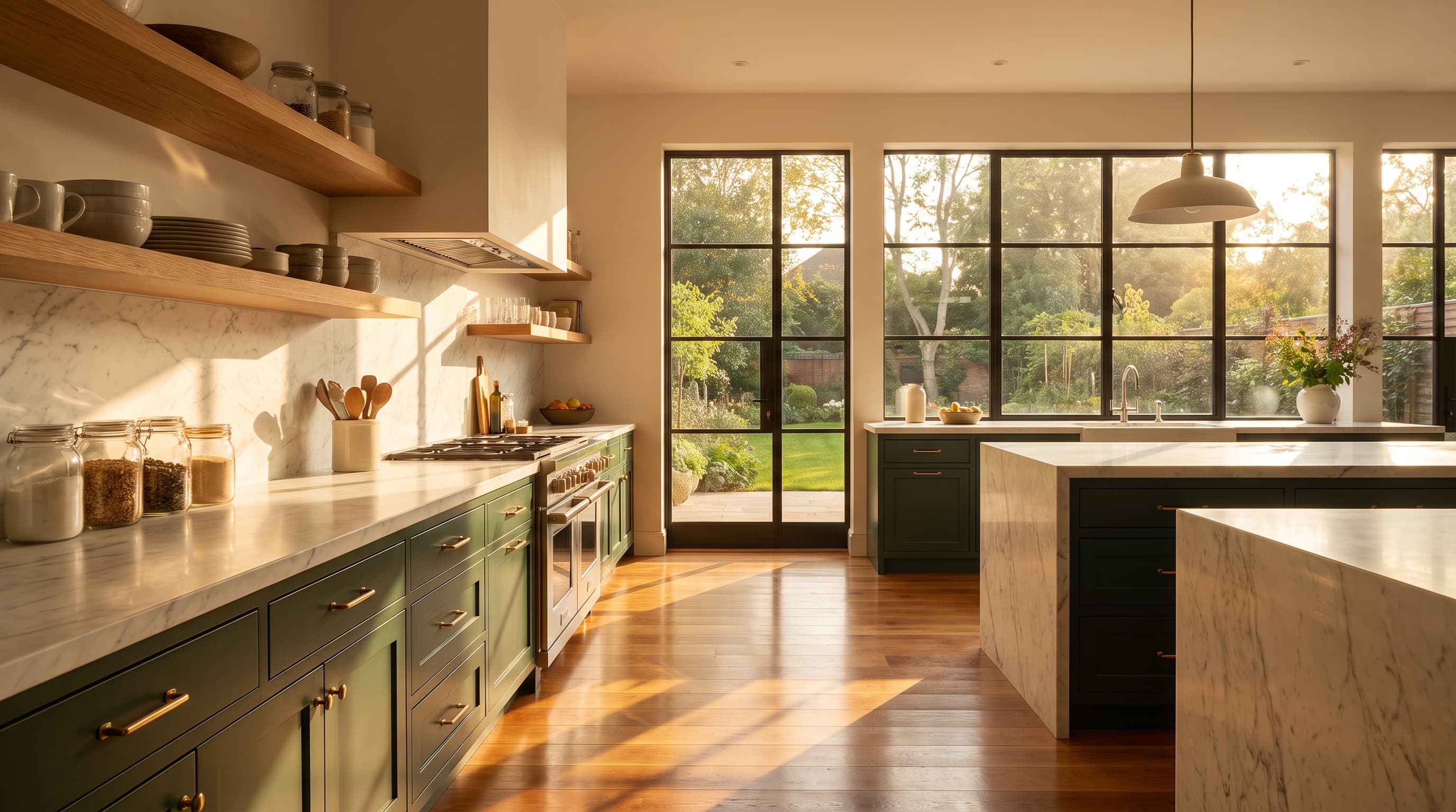 Spotless sunlit modern home kitchen
